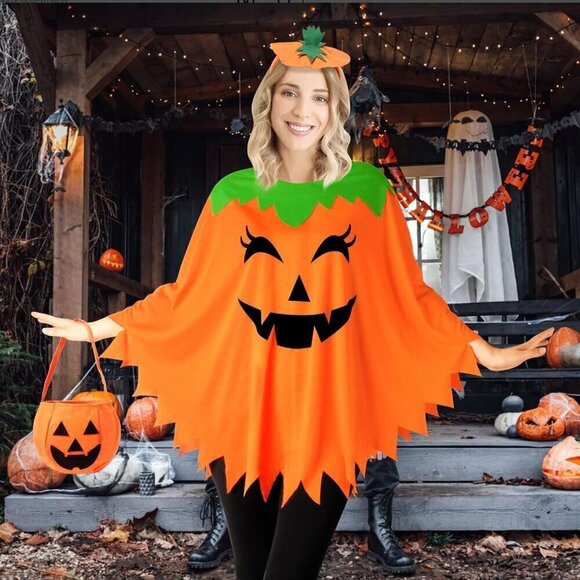 Women Orange Pumpkin Costume Halloween Poncho for Adult Costume with Accessories - Picture 2 of 6